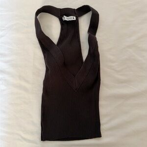 Zara Deep V-Neck Brown Ribbed Tank